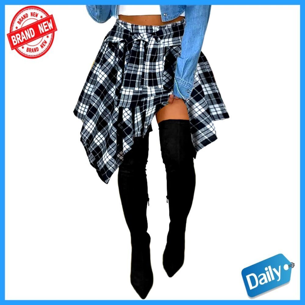 Elastic High Waist Pleated Mini Skirt Asymmetrical Hem Tie Front